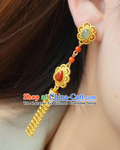 China Traditional Court Golden Tassel Ear Jewelry Accessories National Cheongsam Agate Earrings