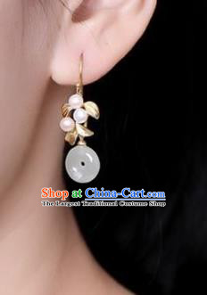 China Traditional Jade Peace Buckle Ear Jewelry Accessories National Cheongsam Golden Leaf Earrings