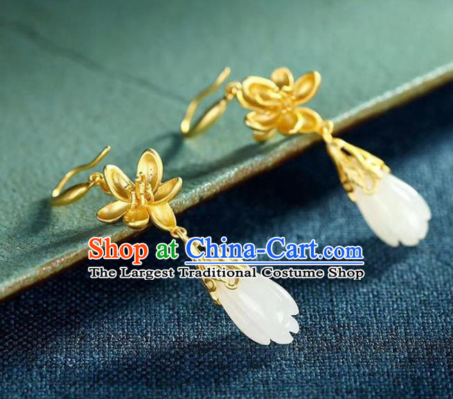 China Traditional Golden Lotus Ear Jewelry Accessories National Cheongsam Jade Mangnolia Earrings