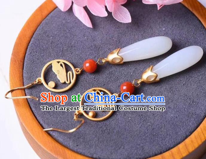China Traditional White Jade Ear Jewelry Accessories National Cheongsam Golden Cloud Earrings