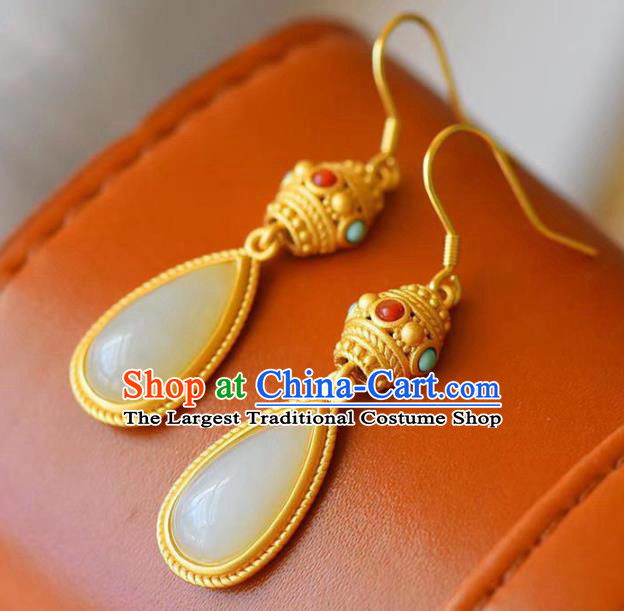 China Traditional Jade Coral Ear Jewelry Accessories National Cheongsam Golden Earrings
