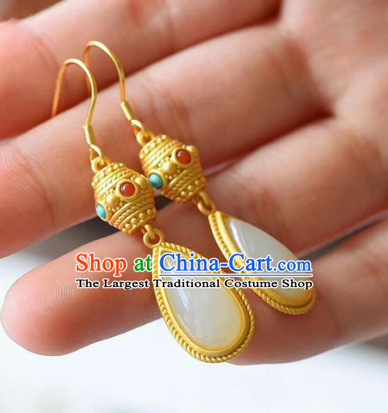 China Traditional Jade Coral Ear Jewelry Accessories National Cheongsam Golden Earrings