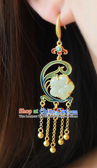 China Traditional Jade Plum Ear Jewelry Accessories National Cheongsam Golden Tassel Earrings