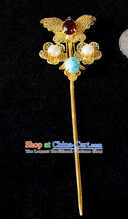 China Handmade Pearls Hair Jewelry Accessories Traditional Qing Dynasty Golden Filigree Butterfly Hairpin