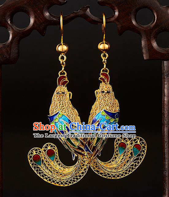 China Traditional Qing Dynasty Blueing Phoenix Ear Jewelry Accessories Ancient Empress Filigree Earrings