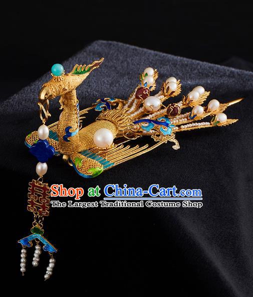 China Handmade Golden Phoenix Hair Crown Jewelry Accessories Traditional Ming Dynasty Blueing Pearls Hairpin