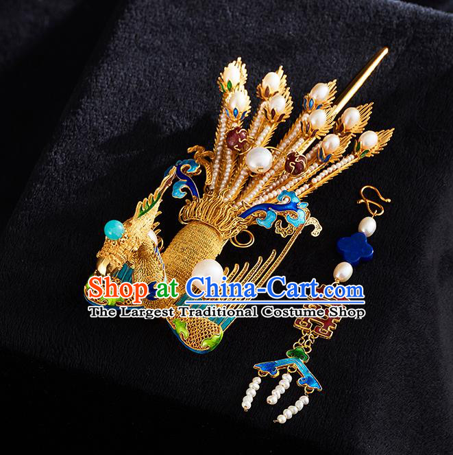 China Handmade Golden Phoenix Hair Crown Jewelry Accessories Traditional Ming Dynasty Blueing Pearls Hairpin