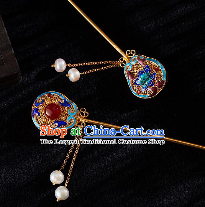 China Handmade Pearls Tassel Hair Stick Jewelry Accessories Traditional Qing Dynasty Empress Blueing Hairpin