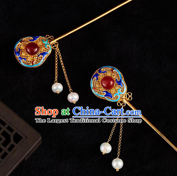 China Handmade Pearls Tassel Hair Stick Jewelry Accessories Traditional Qing Dynasty Empress Blueing Hairpin