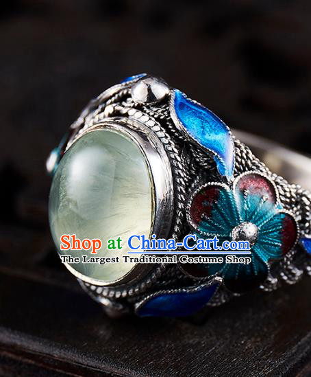 China Handmade Prehnite Ring Accessories Traditional Qing Dynasty Blueing Silver Circlet Jewelry