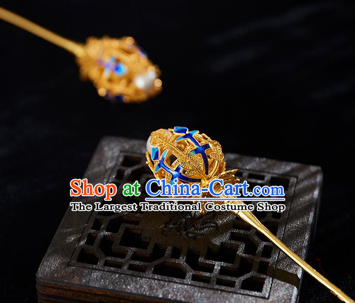 China Handmade Pearl Hair Stick Jewelry Accessories Traditional Qing Dynasty Empress Blueing Golden Hairpin
