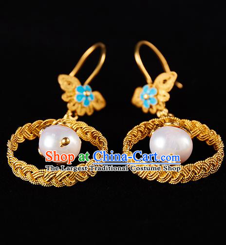 China Traditional Qing Dynasty Golden Ear Jewelry Accessories Ancient Empress Pearl Earrings