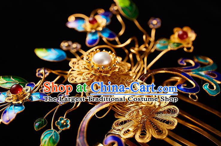 China Handmade Filigree Hairpin Jewelry Accessories Traditional Qing Dynasty Empress Blueing Butterfly Hair Comb