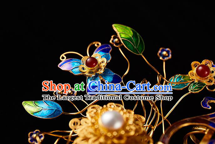 China Handmade Filigree Hairpin Jewelry Accessories Traditional Qing Dynasty Empress Blueing Butterfly Hair Comb