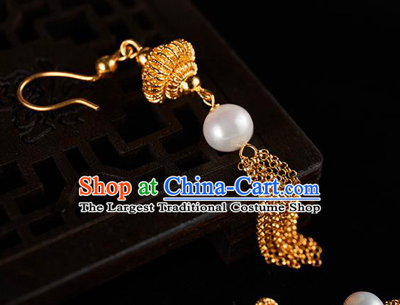 China Traditional Golden Lantern Tassel Ear Jewelry Accessories Ancient Qing Dynasty Empress Pearl Earrings