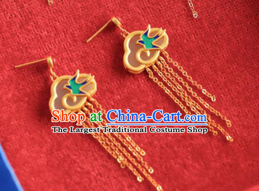 China Traditional Blueing Swallow Ear Jewelry Accessories Classical Cheongsam Golden Tassel Jade Earrings