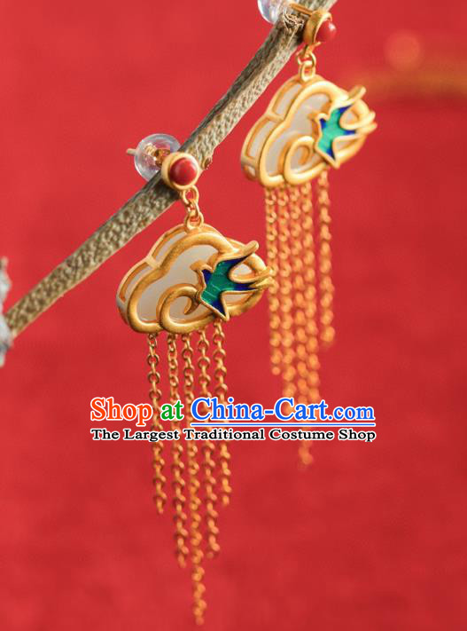China Traditional Blueing Swallow Ear Jewelry Accessories Classical Cheongsam Golden Tassel Jade Earrings