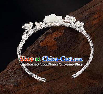 China Handmade Silver Bracelet Accessories Traditional White Jade Plum Bangle Jewelry