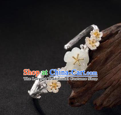 China Handmade Silver Bracelet Accessories Traditional White Jade Plum Bangle Jewelry