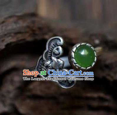 Chinese Classical National Silver Bat Circlet Handmade Jewelry Accessories Chrysoprase Ring