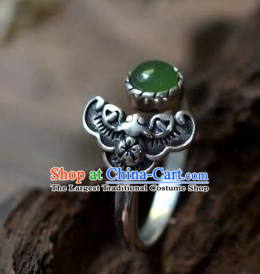 Chinese Classical National Silver Bat Circlet Handmade Jewelry Accessories Chrysoprase Ring