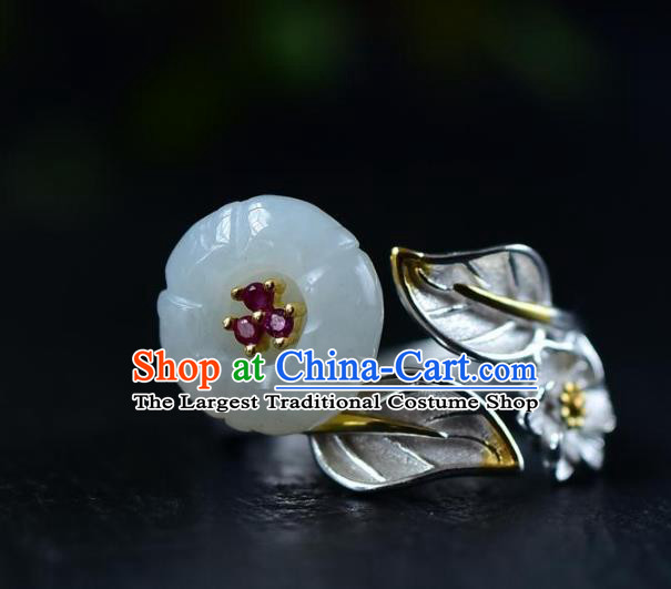 Chinese Classical Jade Plum Blossom Circlet Handmade Jewelry Accessories National Silver Carving Ring
