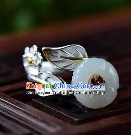 Chinese Classical Jade Plum Blossom Circlet Handmade Jewelry Accessories National Silver Carving Ring