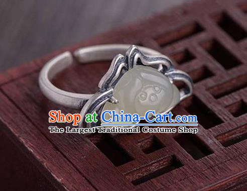 Chinese National Silver Lotus Ring Handmade Jewelry Accessories Classical Jade Circlet