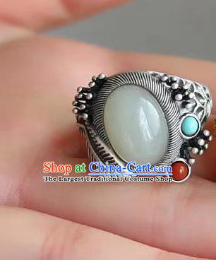 Chinese National Silver Ring Handmade Jewelry Accessories Classical White Chalcedony Circlet