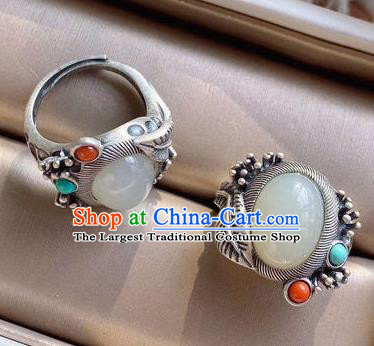 Chinese National Silver Ring Handmade Jewelry Accessories Classical White Chalcedony Circlet