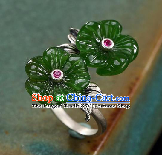 Chinese National Silver Carving Ring Handmade Jewelry Accessories Classical Green Jade Plum Circlet