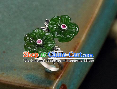 Chinese National Silver Carving Ring Handmade Jewelry Accessories Classical Green Jade Plum Circlet