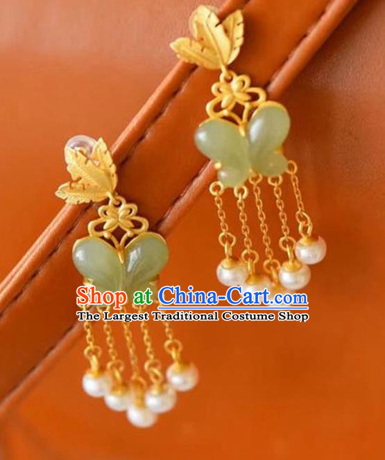China Traditional Pearls Tassel Ear Jewelry Accessories National Cheongsam Jade Butterfly Earrings