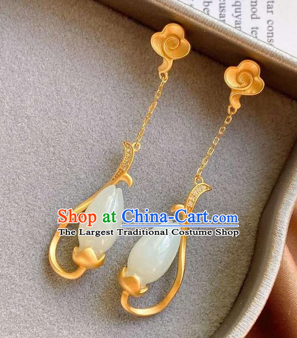 China Traditional Qing Dynasty Jade Mangnolia Ear Jewelry Accessories National Cheongsam Golden Cloud Earrings