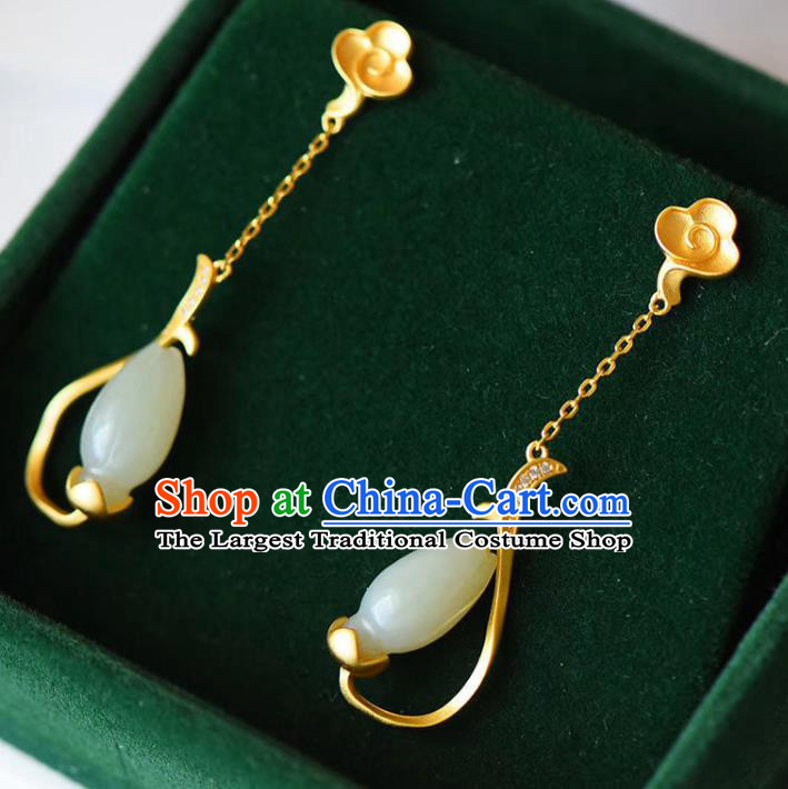 China Traditional Qing Dynasty Jade Mangnolia Ear Jewelry Accessories National Cheongsam Golden Cloud Earrings