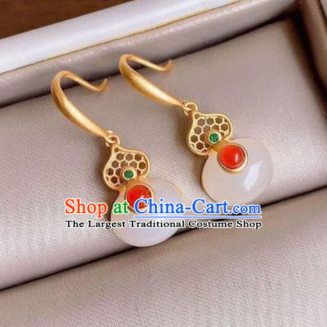 China Traditional Qing Dynasty White Jade Gourd Ear Jewelry Accessories National Cheongsam Golden Earrings