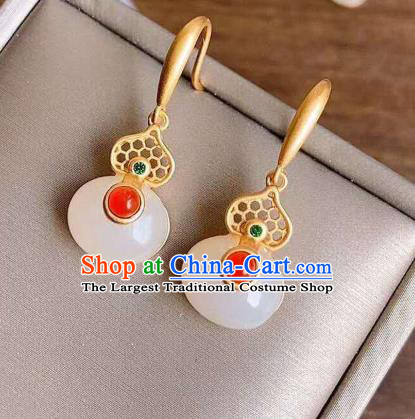 China Traditional Qing Dynasty White Jade Gourd Ear Jewelry Accessories National Cheongsam Golden Earrings