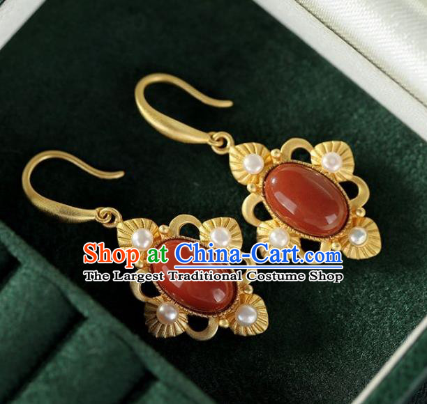 China Traditional Pearls Golden Ear Jewelry Accessories National Cheongsam Agate Earrings