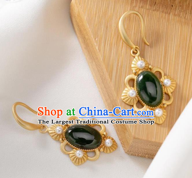 China Traditional Jade Ear Jewelry Accessories National Cheongsam Pearls Golden Earrings