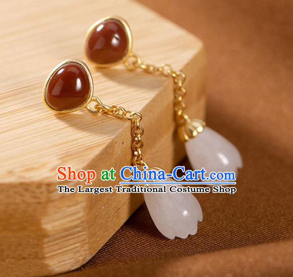 China Traditional Agate Golden Ear Jewelry Accessories National Cheongsam Jade Mangnolia Earrings