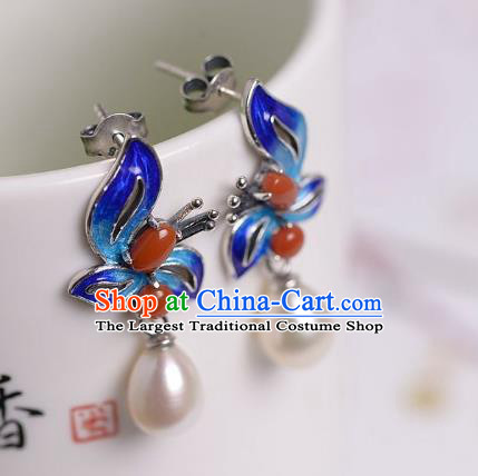 China Traditional Agate Pearl Ear Jewelry Accessories National Cheongsam Cloisonne Butterfly Earrings
