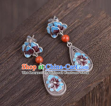 China National Cheongsam Silver Earrings Traditional Cloisonne Peony Ear Jewelry Accessories