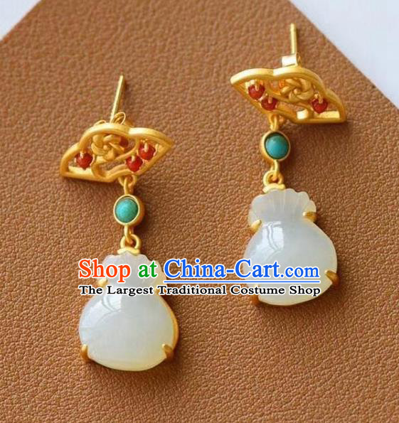 China Traditional Golden Ear Jewelry Accessories National Cheongsam Chalcedony Lucky Bag Earrings