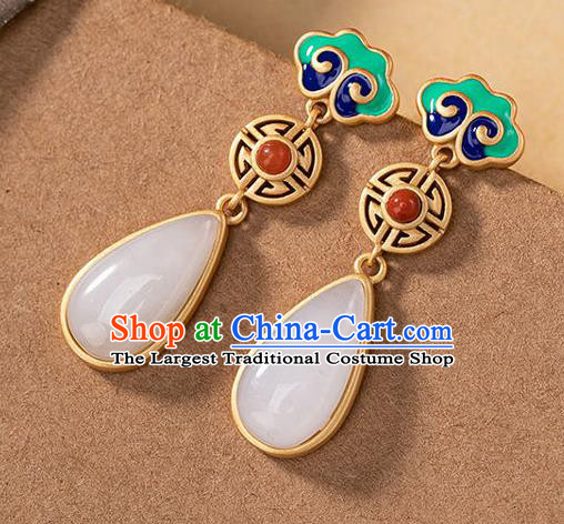 China Traditional White Jade Ear Jewelry Accessories National Cheongsam Enamel Cloud Earrings