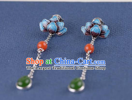 China Traditional Cloisonne Lotus Ear Jewelry Accessories National Cheongsam Jade Tassel Earrings
