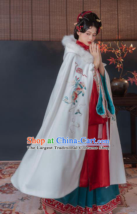 China Ancient Imperial Concubine Historical Clothing Traditional Ming Dynasty Embroidered Hanfu White Cape