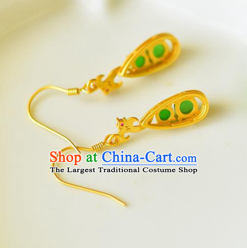 China Traditional Golden Pea Pod Ear Jewelry Accessories Classical Cheongsam Green Jade Earrings