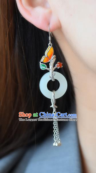 China Traditional Enamel Butterfly Ear Jewelry Accessories Classical Cheongsam Silver Tassel Jade Earrings