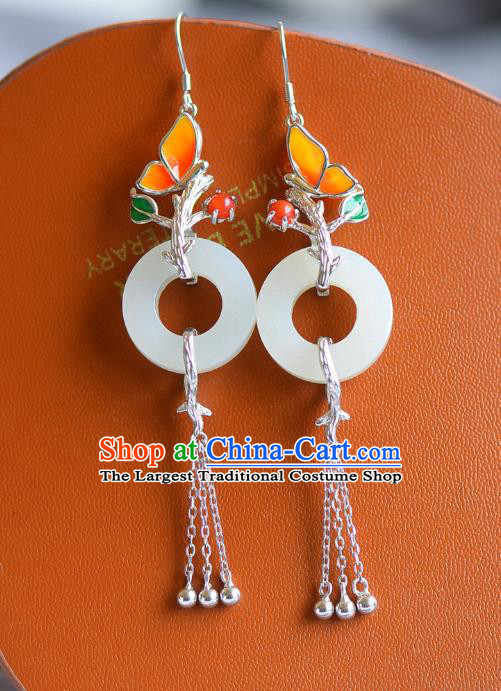 China Traditional Enamel Butterfly Ear Jewelry Accessories Classical Cheongsam Silver Tassel Jade Earrings