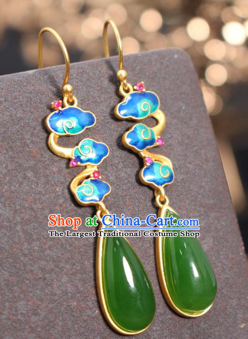 China Traditional Green Jade Ear Jewelry Accessories Classical Cheongsam Enamel Cloud Earrings